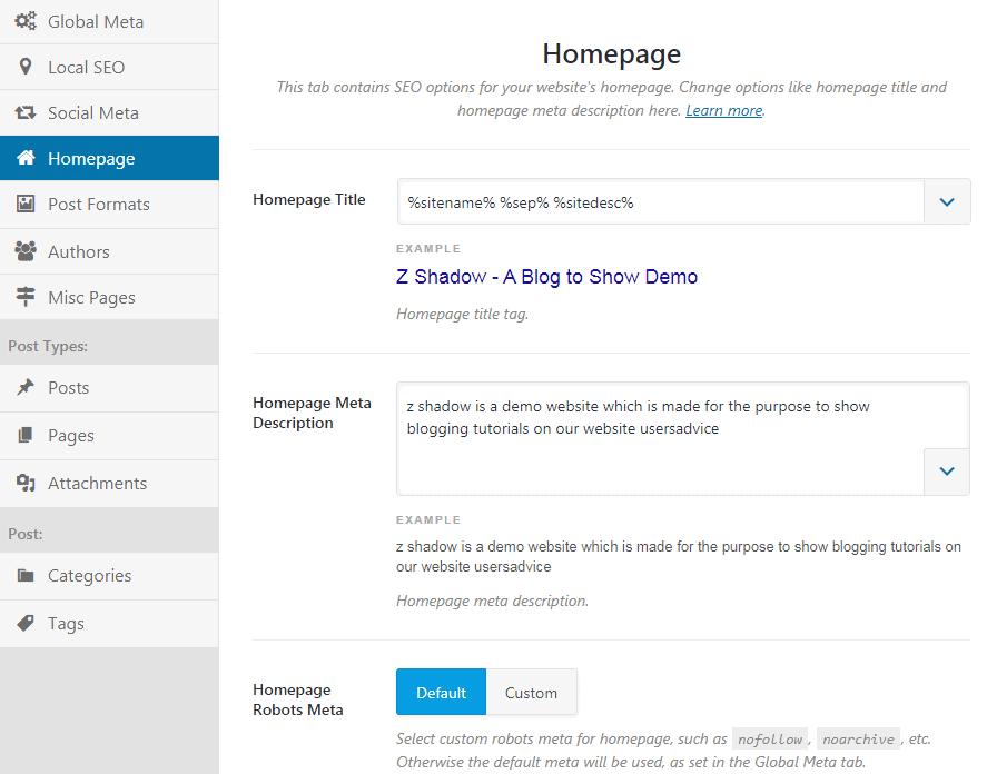 rankmath settings for homepage