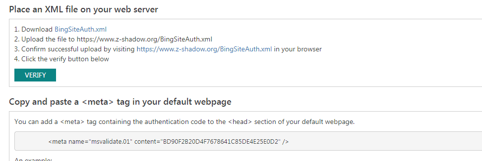 bing webmaster tool website verification
