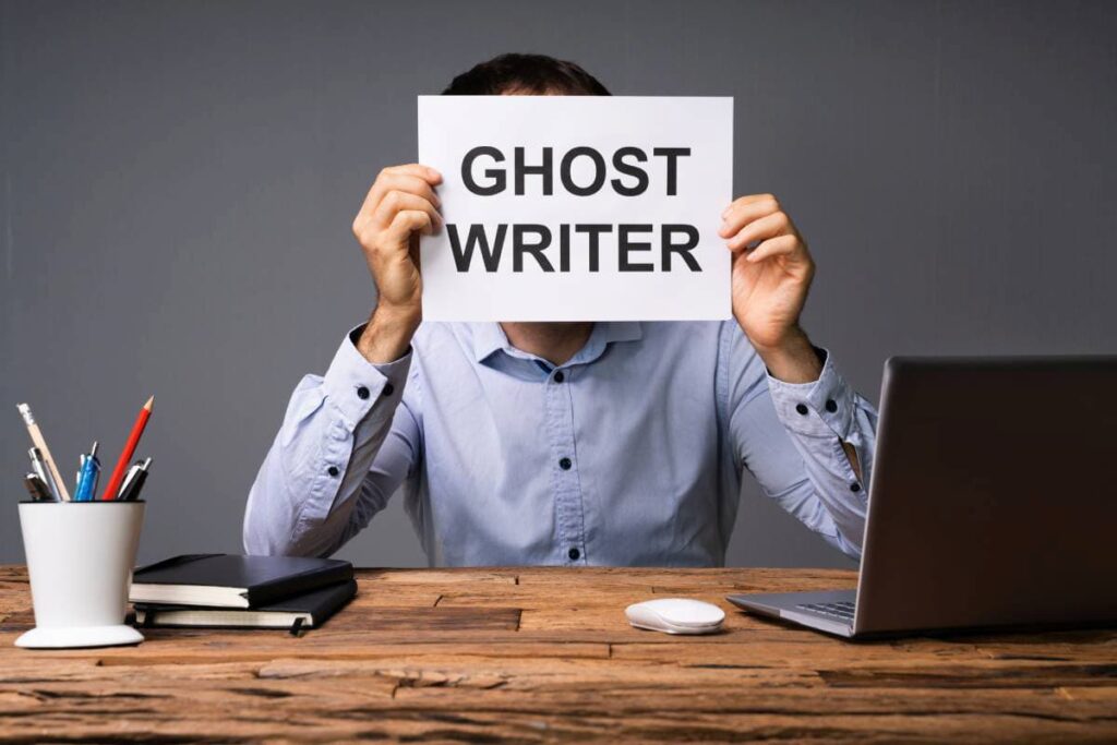 ghost writer text sitting in front of desk